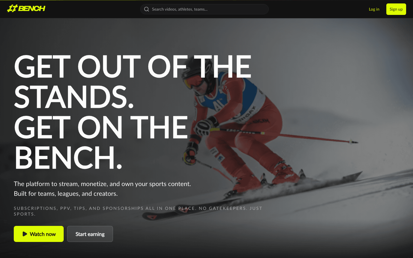 Bench home page: 'Get out of the stands. Get on the bench.'