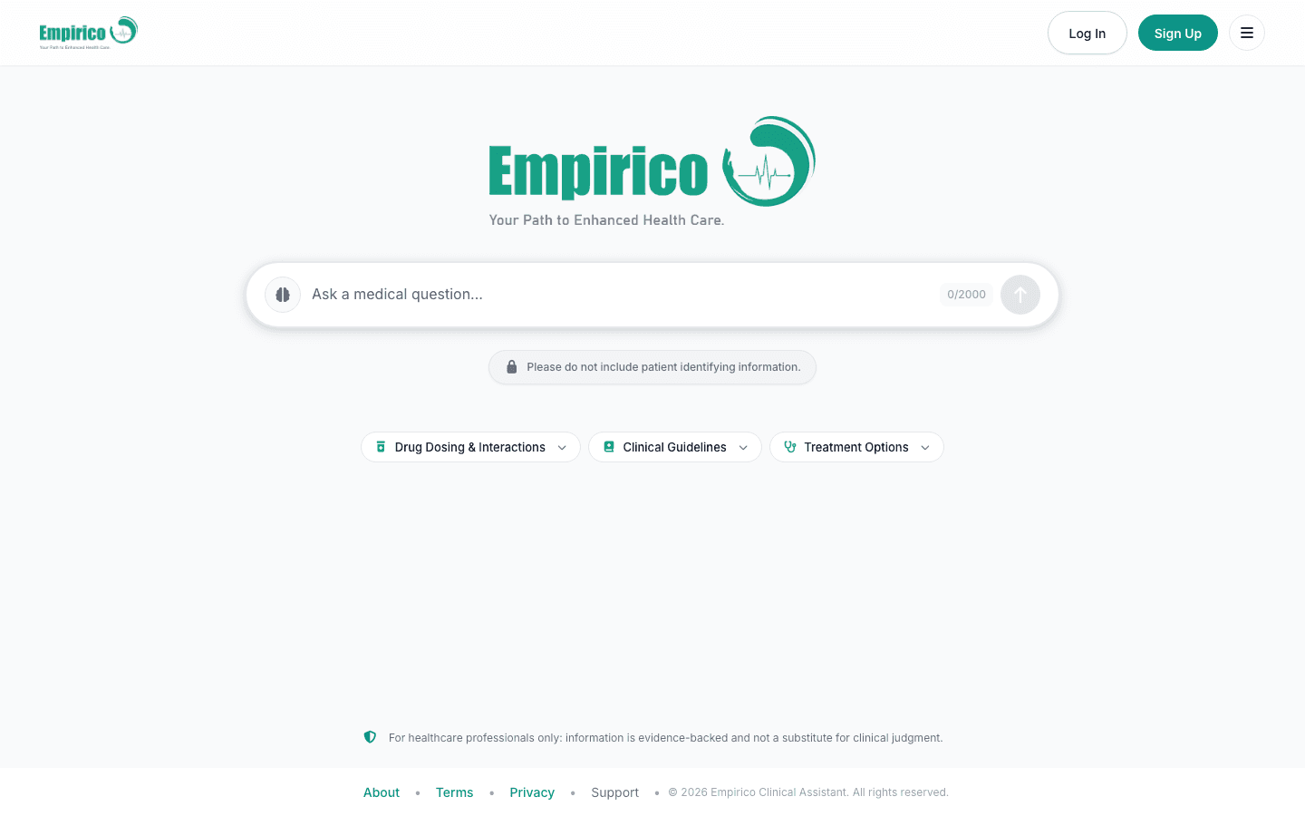 Empirico web app with a search box reading 'Ask a medical question'