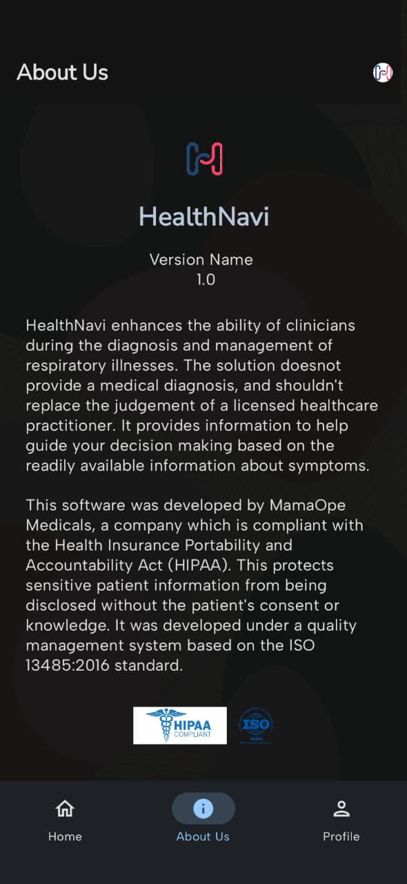 HealthNavi About screen stating it supports but does not replace clinical judgement