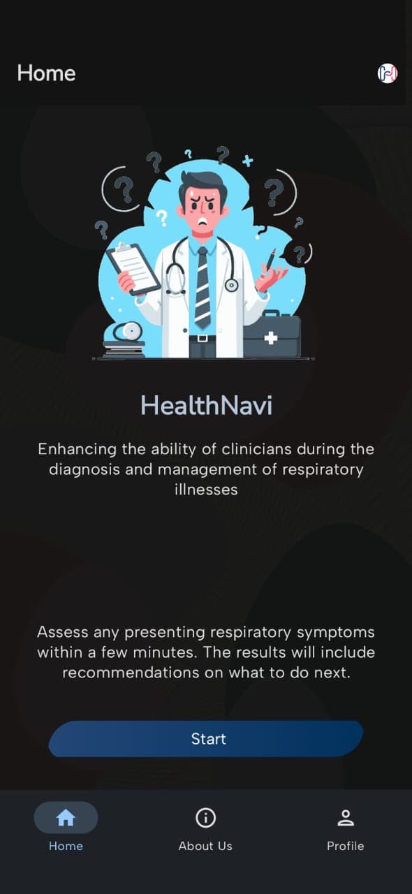 HealthNavi Android app home screen inviting clinicians to assess respiratory symptoms